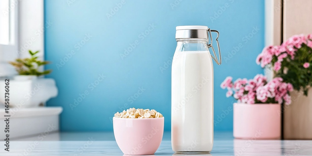 Healthy breakfast scene with fresh milk and oats in pink bowl on marble surface