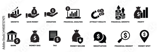Finance icon set. Collection of economy, money, fund, investor and more. Vector illustration. 