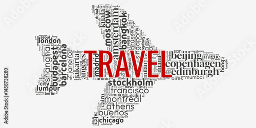 Word cloud centered on "Travel", filled with adventure, vacation, and destination terms. Ideal for tourism, exploration, journey planning, and lifestyle-themed creative visuals