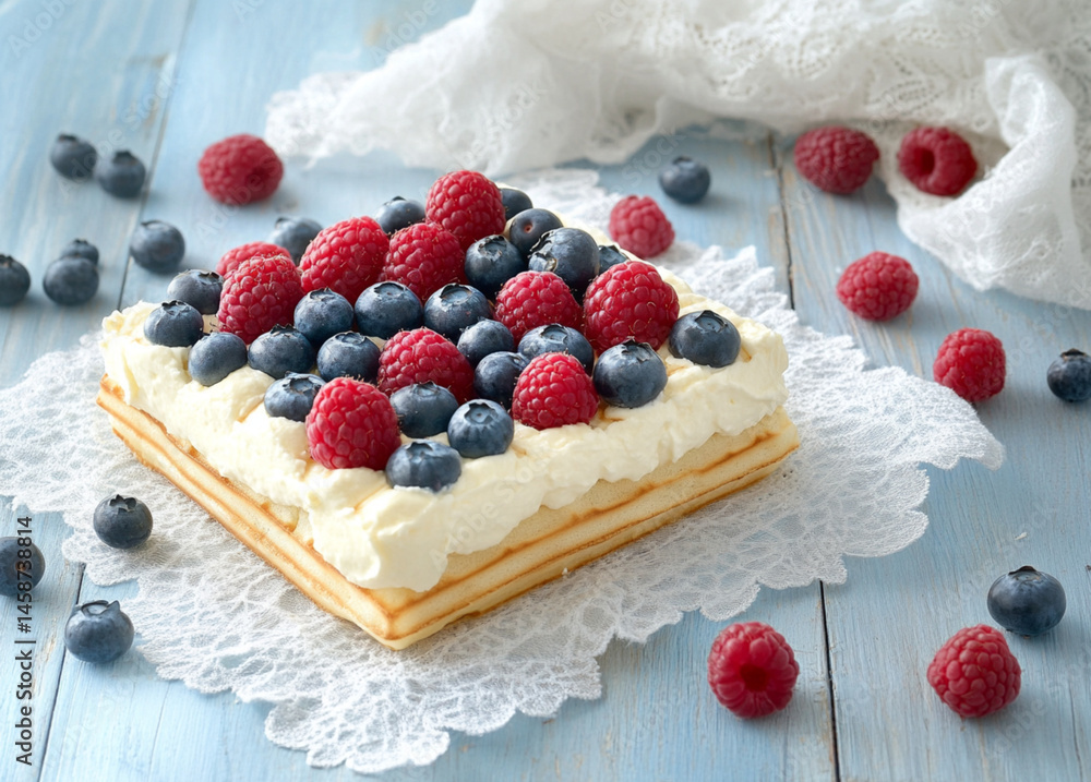 A square waffle with cream cheese and berries, placed on the table, fresh blueberries and raspberries scattered around it. The background is a light sky-blue wooden tabletop,white lace napkins