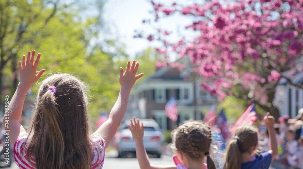 Obraz premium Kids waving flags while watching a Memorial Day parade