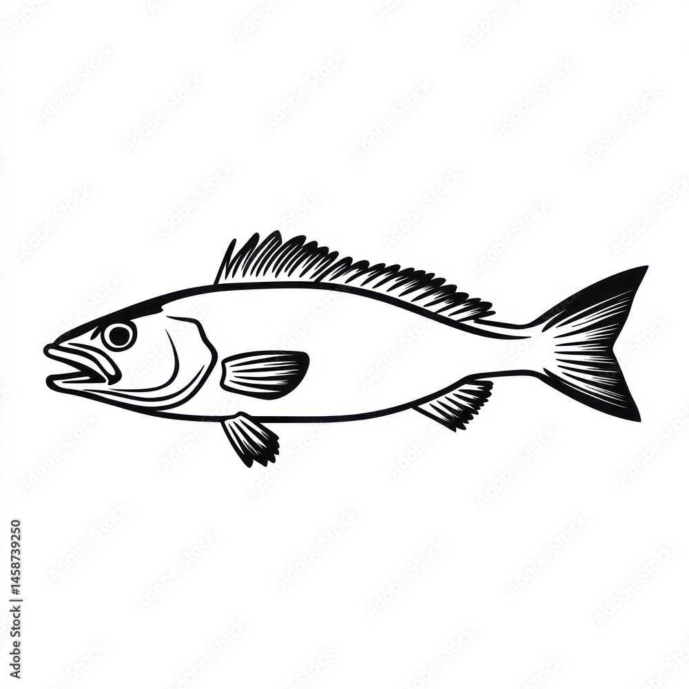 Black and white fish illustration, side view, icon for seafood or fishing design Black and white fish illustration, side view, icon for seafood or fishing design