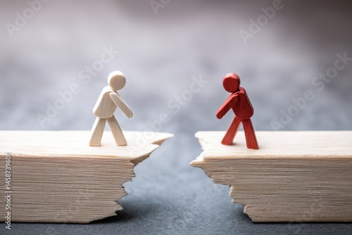 Wooden figurines representing connection and separation on a split surface highlighting contrast in relationships