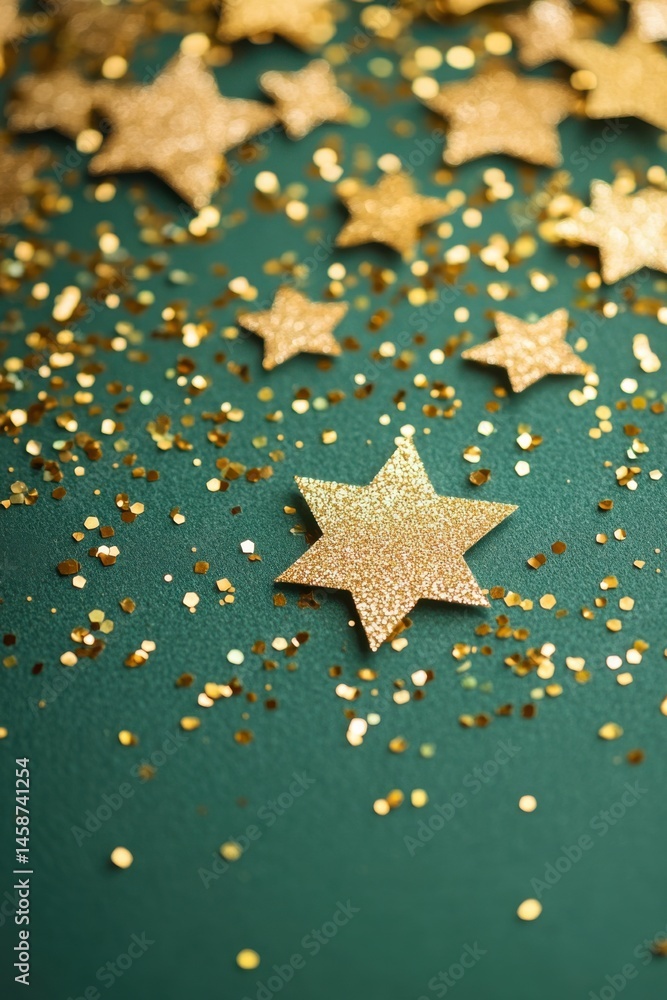 Gold star glitter scattered on a green background for festive decorations or crafts at a celebration Gold star glitter scattered on a green background for festive decorations or crafts at a celebration