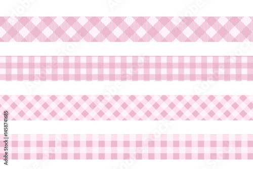 Tapes with pink gingham pattern. Borders with girly coquette print. Ribbons for baby girl gifts or headbands. Cotton, linen or flannel bands isolated on white background. Vector flat illustration.