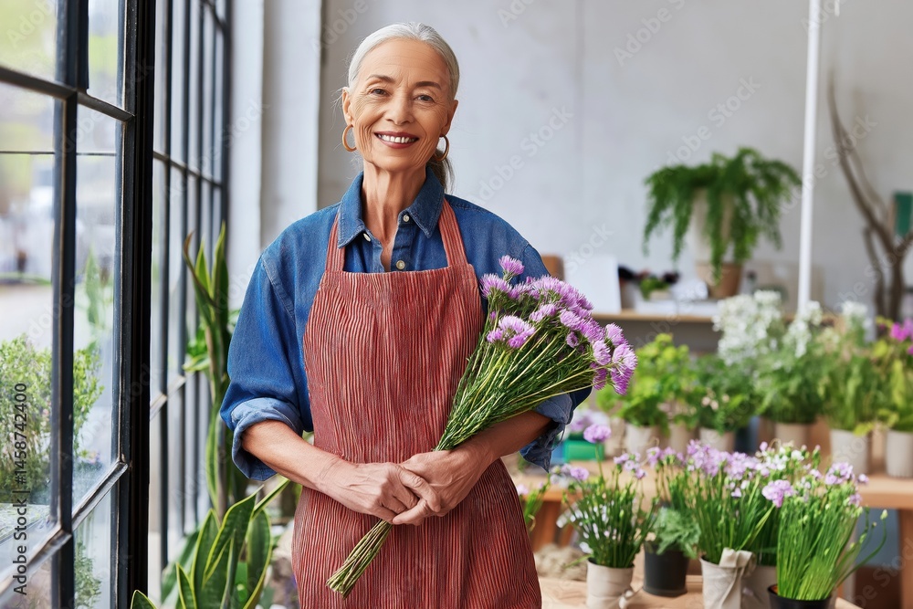Elderly caucasian female florist smiling in shop with flowers and plants