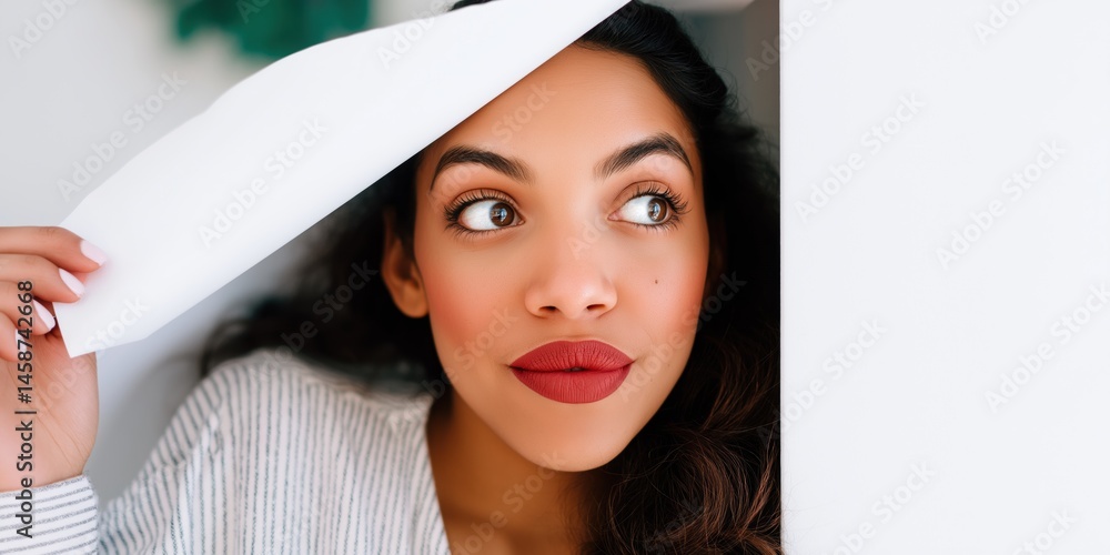 Hispanic young female playfully peeking from behind paper
