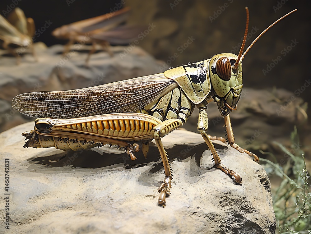 Fototapeta premium A large grasshopper with textured body on a rock with others in the background in neutral colors