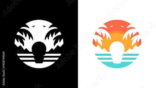 sunset beach idea with bulb minimal logo vector icon 