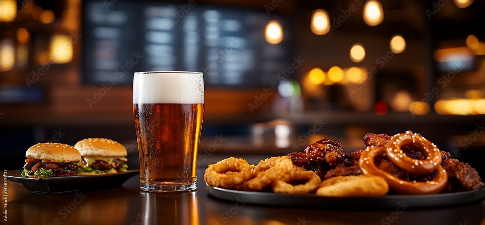 Craft Beer with Burgers, Onion Rings, Pretzels, and Chicken Bites at Pub Craft Beer with Burgers, Onion Rings, Pretzels, and Chicken Bites at Pub