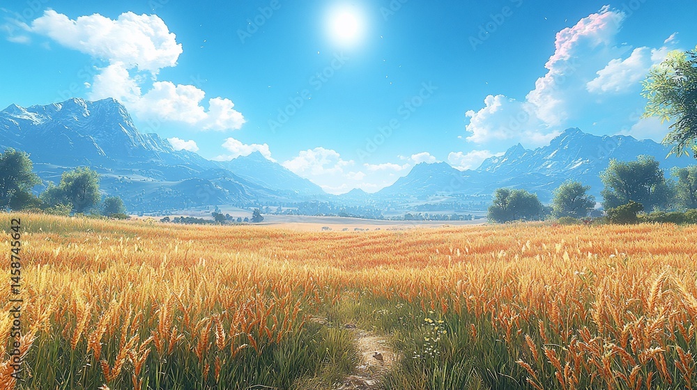 Obraz premium Golden wheat field, mountains, sunny day