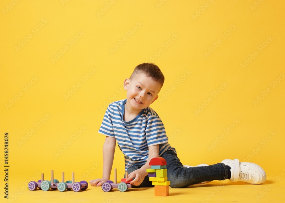 Naklejka premium Cute little boy playing with train toy on yellow background