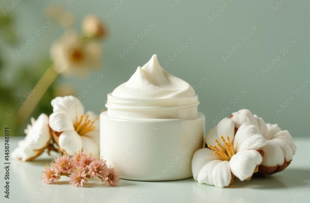 Cleansing face cream in eco-friendly packaging with cotton flowers. White jar of cream without inscriptions. Natural eco-friendly cosmetics and packaging. Cleansing face cream in eco-friendly packaging with cotton flowers. White jar of cream without inscriptions. Natural eco-friendly cosmetics and packaging.