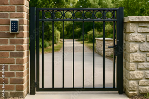 Black metal gate stands at the entrance of a stone pathway surrounded by greenery in a serene outdoor setting