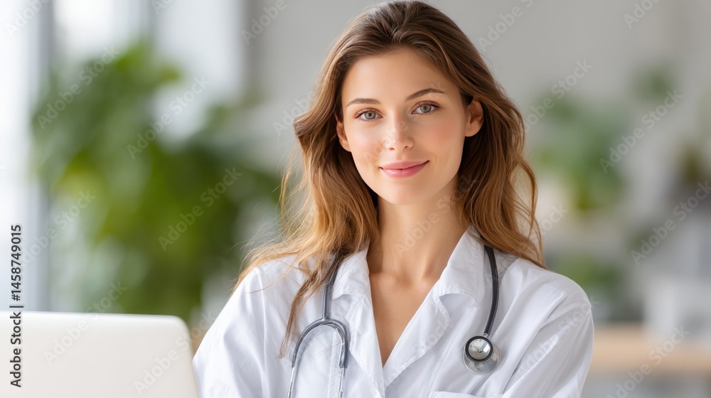 Confident female doctor smiling while using a laptop in a modern healthcare setting. Confident female doctor smiling while using a laptop in a modern healthcare setting.