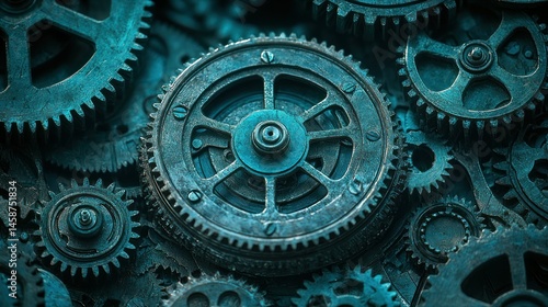 Wallpaper Mural Metallic gears, complex machine workings in a blue hue Torontodigital.ca