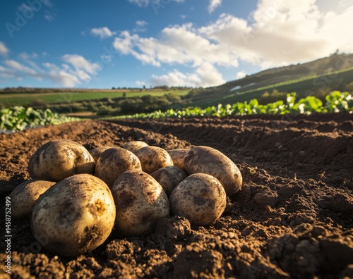 Freshly harvested potatoes on a farm field