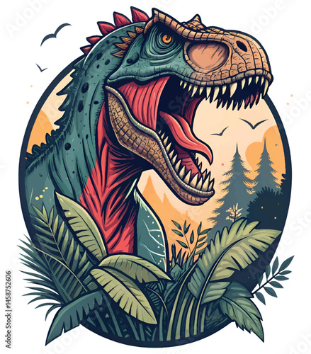 Tyrannosaurus Rex Head with Jungle Background.