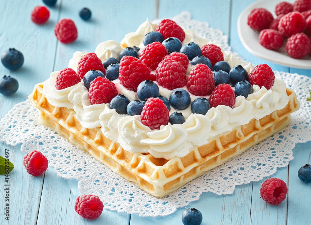 A square waffle with cream cheese and berries, placed on the table, fresh blueberries and raspberries scattered around it. The background is a light sky-blue wooden tabletop,white lace napkins