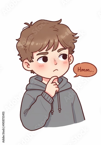 Cartoon Thoughtful Young Boy Illustration with 'Hmm' Speech Bubble and Subtle Shading Depicting Contemplation against Plain Backdrop