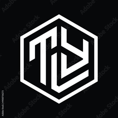 this is a monogram image of a letter TYL or TLY in modern sans serif font in hexagonal shape that looks clean in black color on a white background