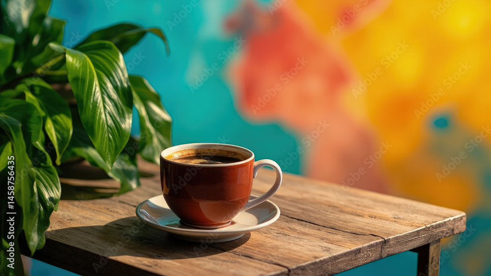 Obraz premium A warm brown coffee cup on a saucer resting on a rustic wooden table with a vibrant colorful backdrop