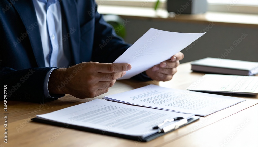 Close-up of a person's hands and documents discussing a contract with a business partner Close-up of a person's hands and documents discussing a contract with a business partner