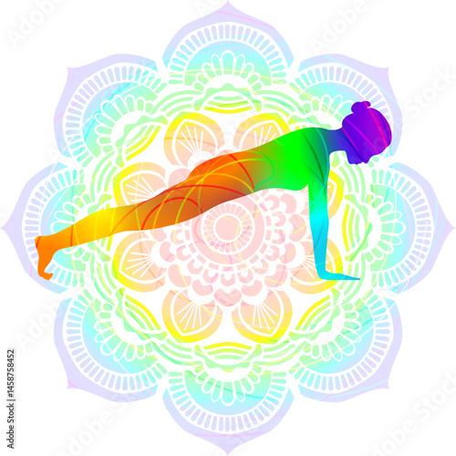 Colorful silhouette of woman practicing Phalakasana yoga pose. Plank yoga pose. Kumbhakasana pose. Isolated vector illustration