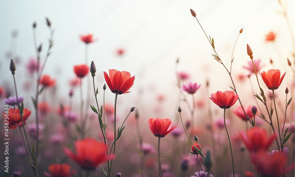 Obraz premium Red Poppy Field Sunset Meadow Flowers - • Soft