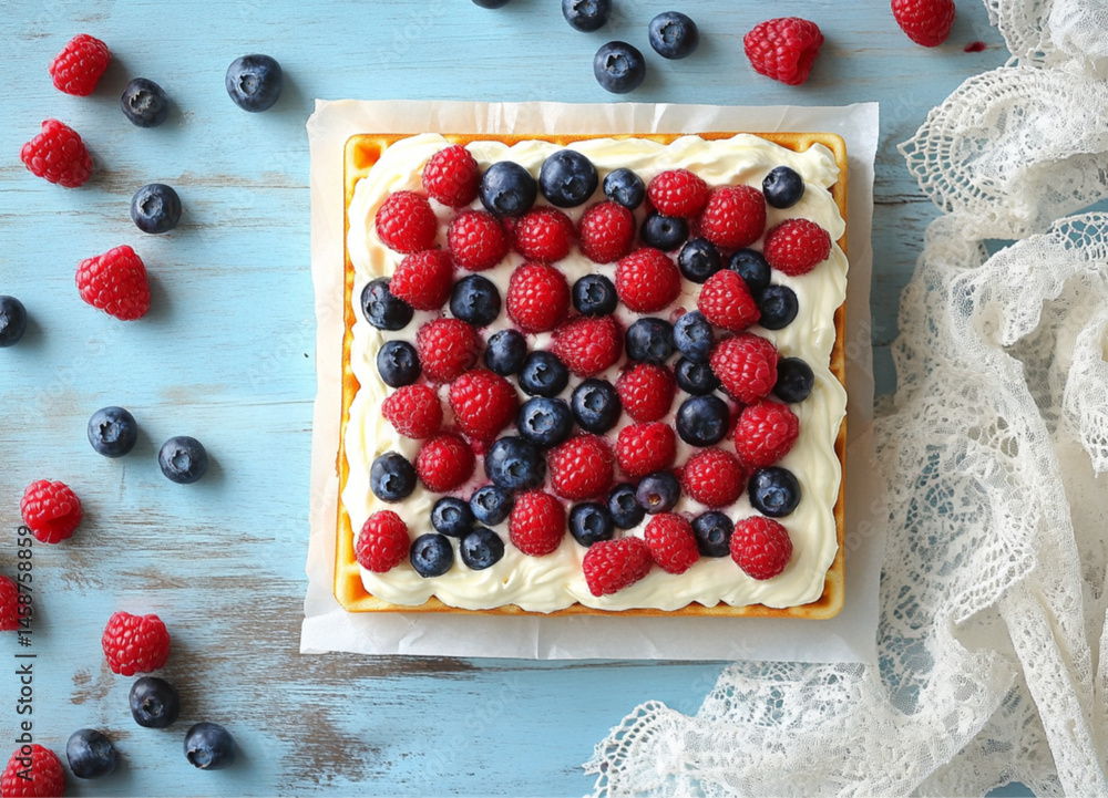 A square waffle with cream cheese and berries, placed on the table, fresh blueberries and raspberries scattered around it. The background is a light sky-blue wooden tabletop,white lace napkins