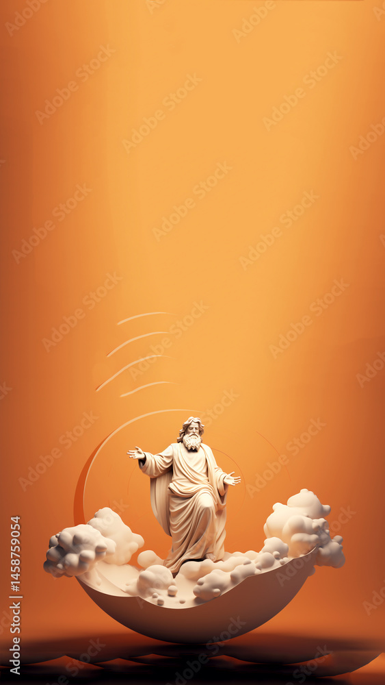 Vertical image of a majestic statue of a god figure emerging from clouds, set against a vivid orange background. A powerful and surreal concept that blends mythology, divinity