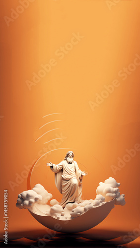 Obraz na płótnie Vertical image of a majestic statue of a god figure emerging from clouds, set against a vivid orange background. A powerful and surreal concept that blends mythology, divinity w salonie