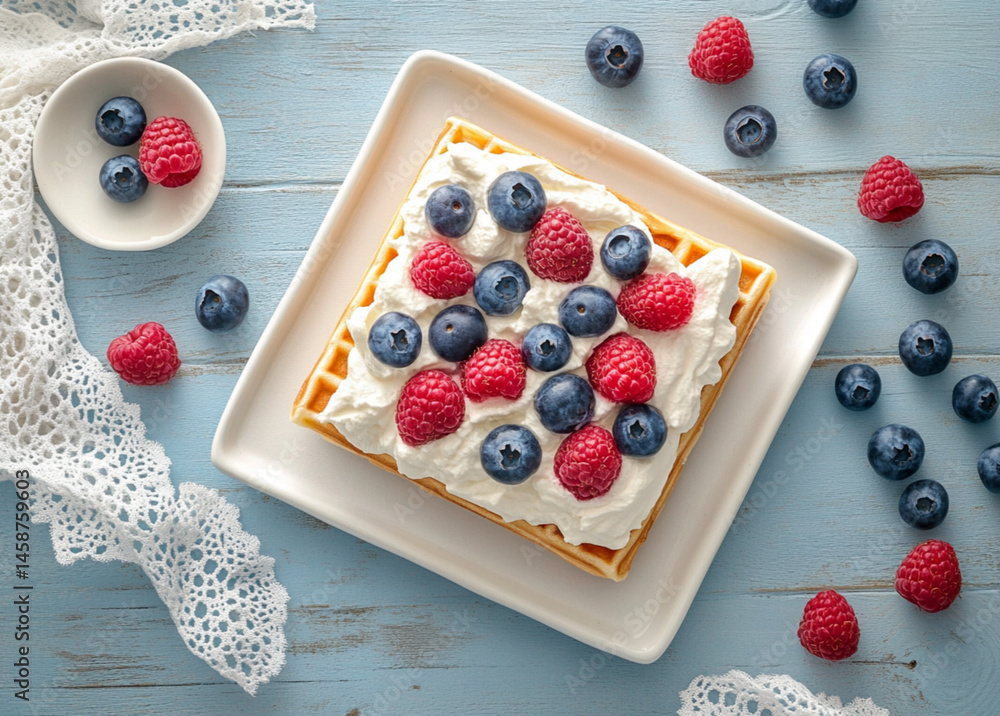 A square waffle with cream cheese and berries, placed on the table, fresh blueberries and raspberries scattered around it. The background is a light sky-blue wooden tabletop,white lace napkins