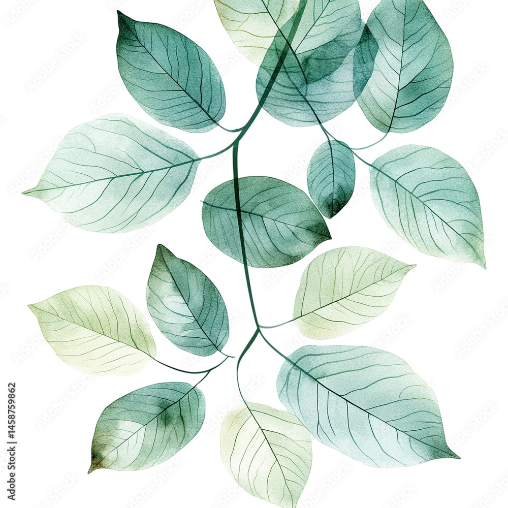 Obraz premium Hand-Drawn Blue and Grey Watercolor Leaves Isolated