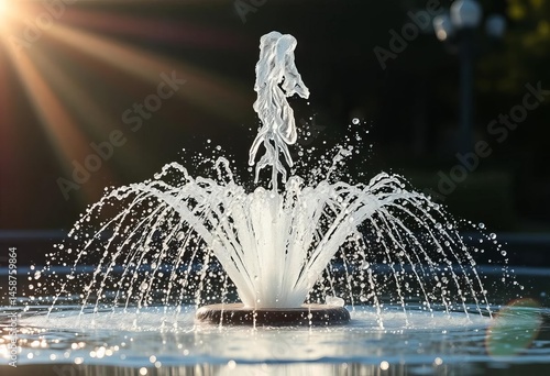 Arcing spray of fountain water, sunlight reflecting on droplets, texture, fluidity