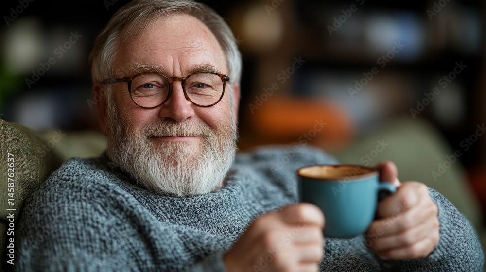 A contented middle-aged man sits on his couch with a coffee cup, at the same time, a mature man is captured drinking tea and smiling for the camera on his comfortable sofa in a combined kitchen and A contented middle-aged man sits on his couch with a coffee cup, at the same time, a mature man is captured drinking tea and smiling for the camera on his comfortable sofa in a combined kitchen and