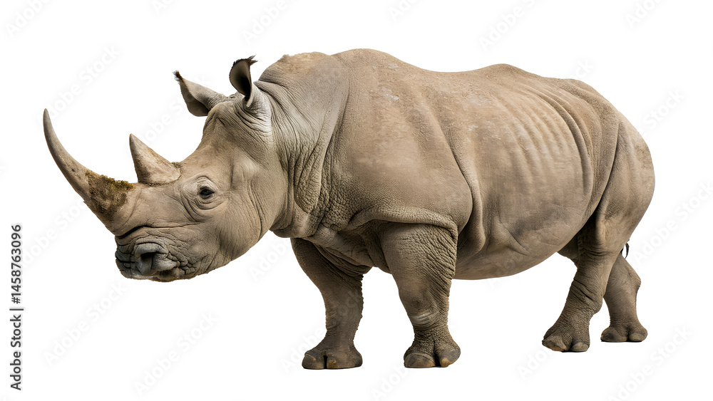 Obraz premium A strong and majestic rhinoceros standing against a white background, showcasing its thick skin, large horn, and muscular build