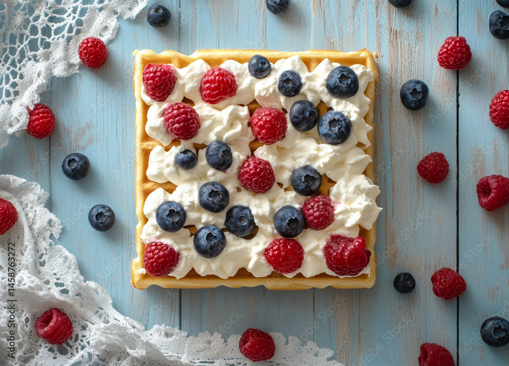A square waffle with cream cheese and berries, placed on the table, fresh blueberries and raspberries scattered around it. The background is a light sky-blue wooden tabletop,white lace napkins