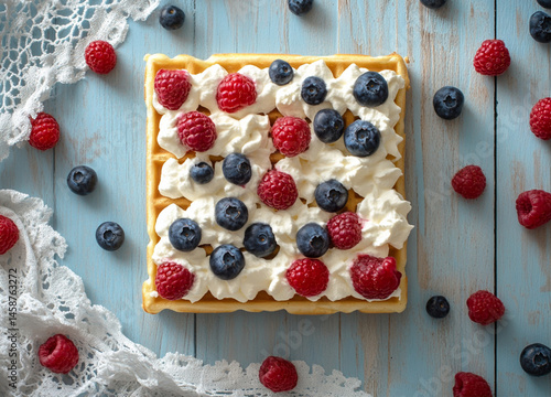 Obraz na płótnie A square waffle with cream cheese and berries, placed on the table, fresh blueberries and raspberries scattered around it. The background is a light sky-blue wooden tabletop,white lace napkins w salonie