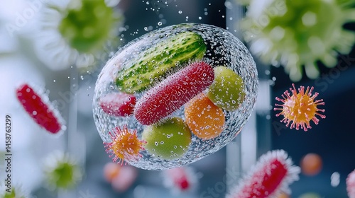 Colorful fruits and vegetables inside a protective sphere.