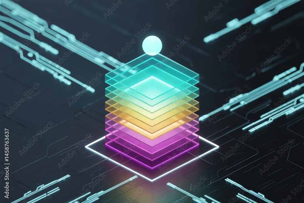 Fototapeta premium Abstract Colorful Data Layers Stack on Digital Circuit Background