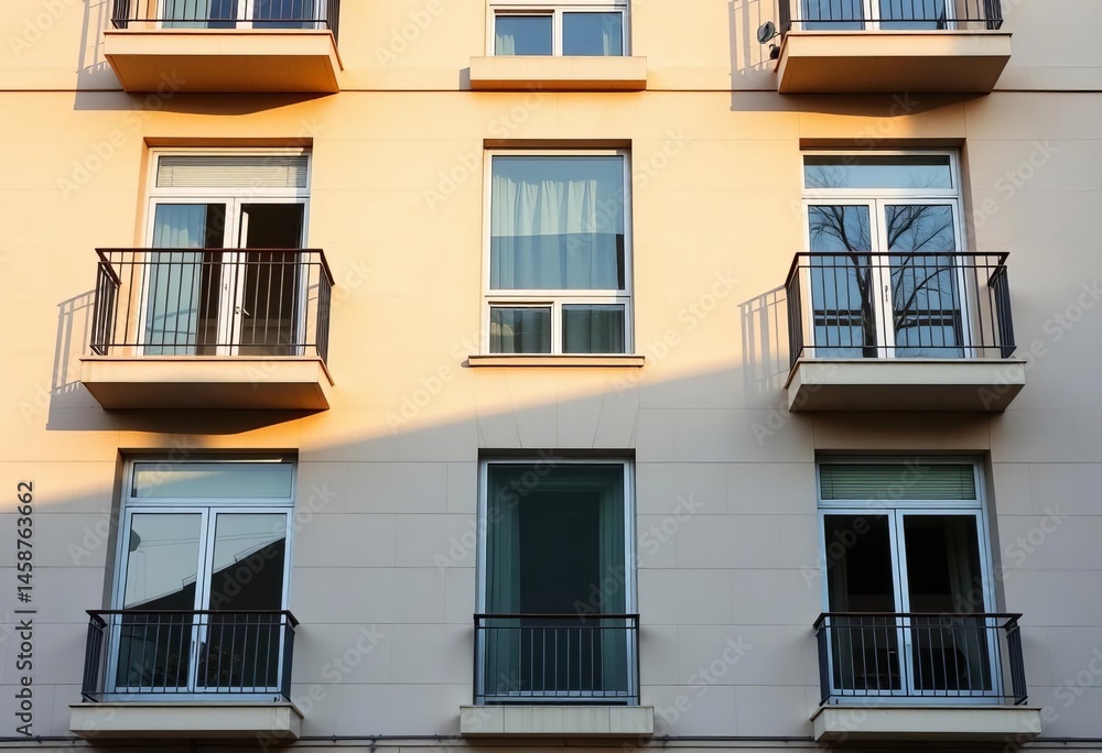 Fototapeta premium Modern building facade, balcony, windows, empty space, copy space, residential, copy space