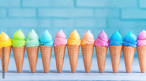 Wallpaper Mural Neatly aligned ice cream cones in vivid rainbow colors on a blue background, creating a vibrant and cheerful summer treat scene. Torontodigital.ca