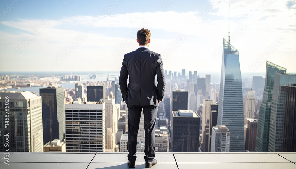 A man in a suit standing with his hands in his pockets on the roof of a skyscraper with a city background A man in a suit standing with his hands in his pockets on the roof of a skyscraper with a city background