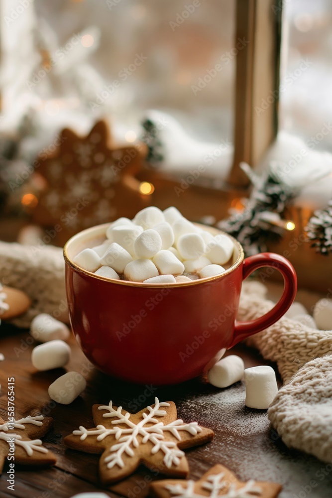 Hot cocoa in red mug with marshmallows by winter window. Christmas holiday drink concept. Hot cocoa in red mug with marshmallows by winter window. Christmas holiday drink concept.