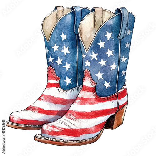A pair of cowboy boots decorated with stars and stripes resembling the American flag.