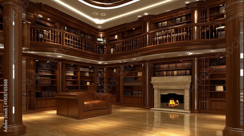 Luxurious wooden library with bookshelves, fireplace, and seating area