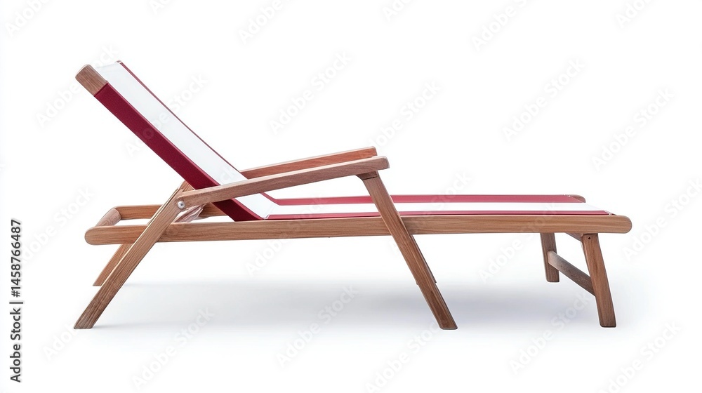 Modern wooden sun lounger with red and white cushions. Modern wooden sun lounger with red and white cushions.