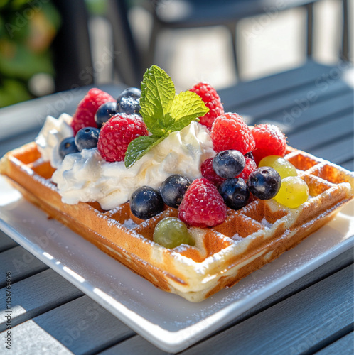 Obraz na płótnie waffle with white cream and fruit, placed on an outdoor table at the summer park, On top of the waffle,strawberries, blueberries, grapes, and sliced peaches. w salonie