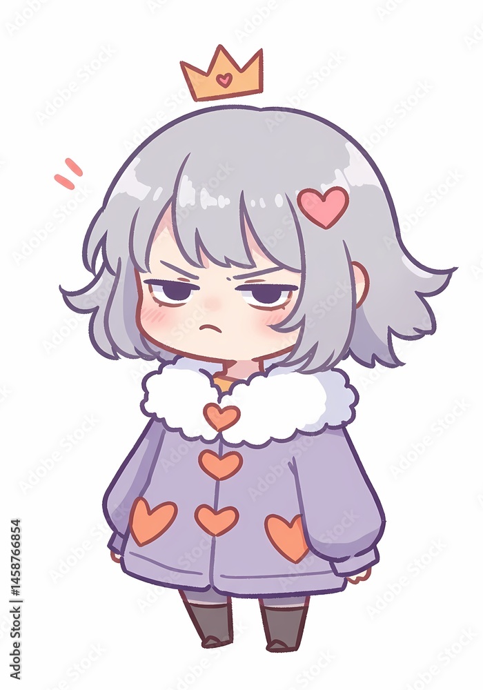 Cartoon queen with a grumpy expression radiates adorable charm, adorned with heart motifs and a minimalist golden crown, a playful visual narrative Cartoon queen with a grumpy expression radiates adorable charm, adorned with heart motifs and a minimalist golden crown, a playful visual narrative